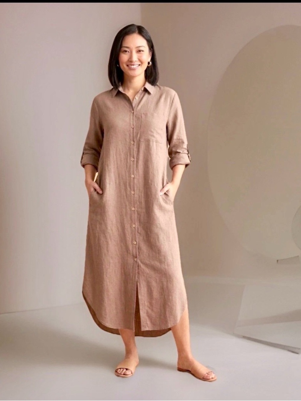 Kuraki Brown 100% Cotton Shirt Dress Collared Long Sleeve Midi Pockets M NWT